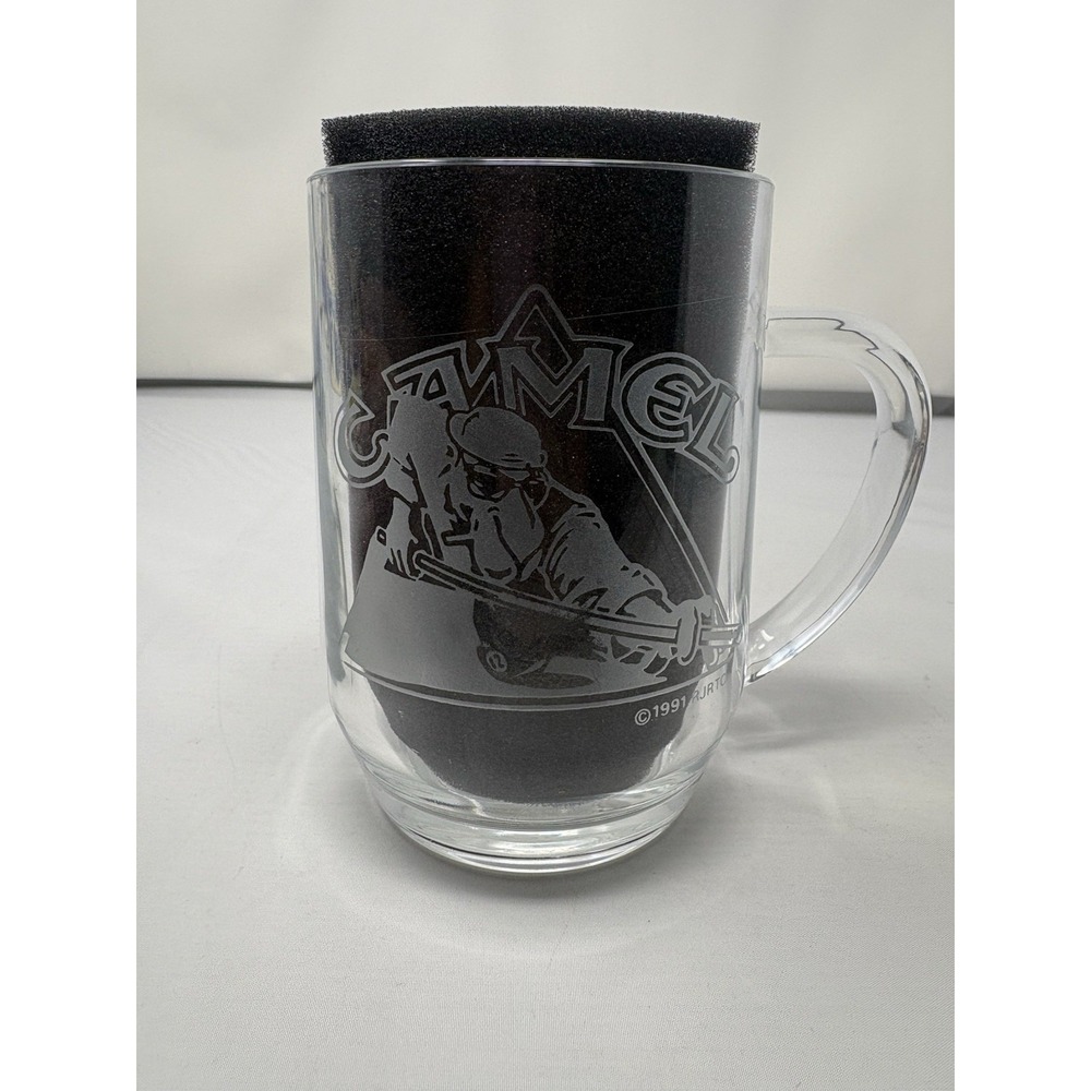 1991 Joe Camel Cigerettes Luminarc Clear Glass 16 oz Mug Etched Billiards Pool